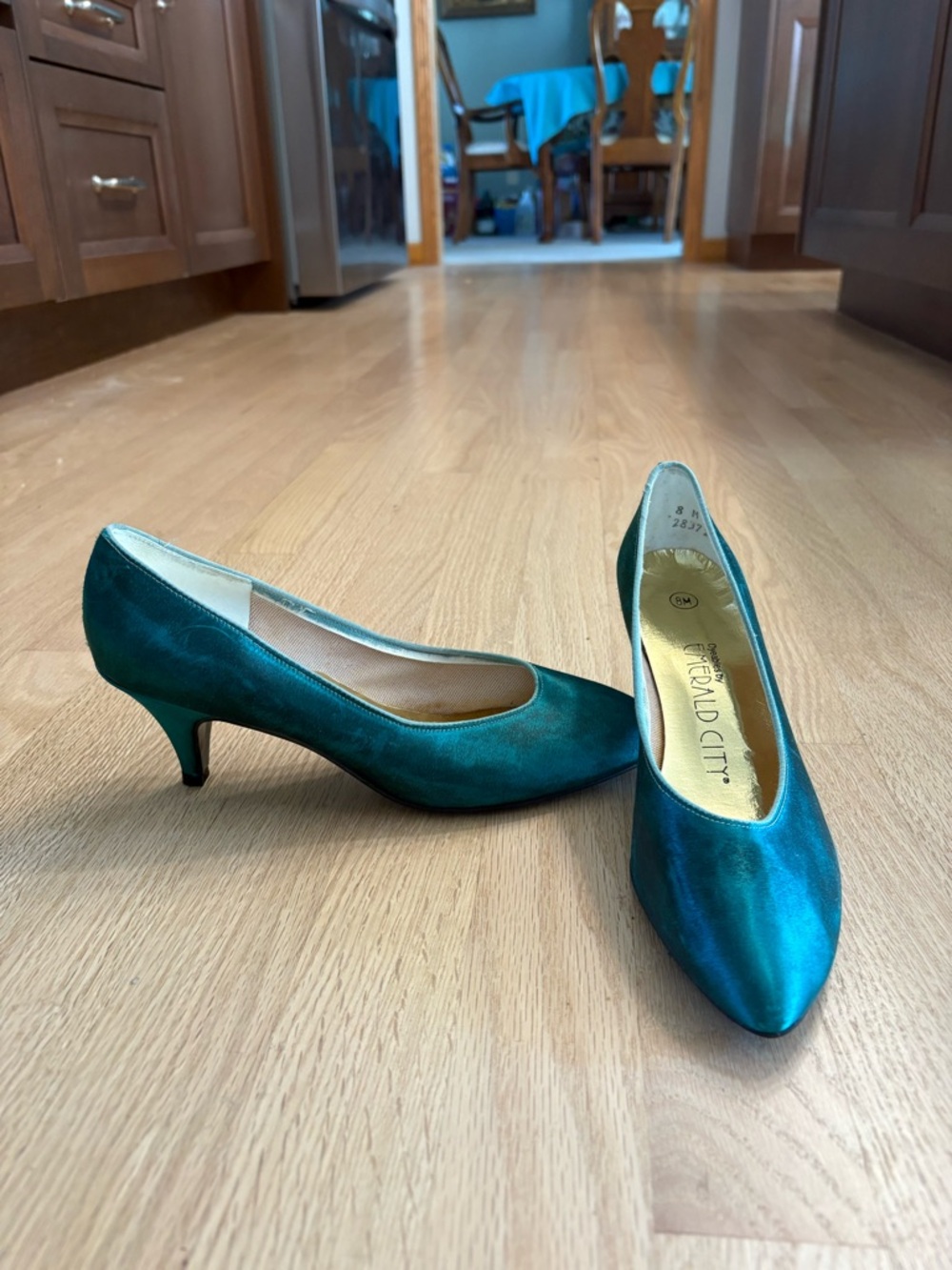 Emerald Teal Satin Low Heel Pumps 1.5-2 Inches